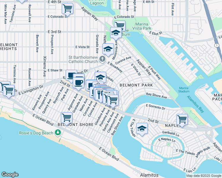 map of restaurants, bars, coffee shops, grocery stores, and more near 220 La Verne Avenue in Long Beach