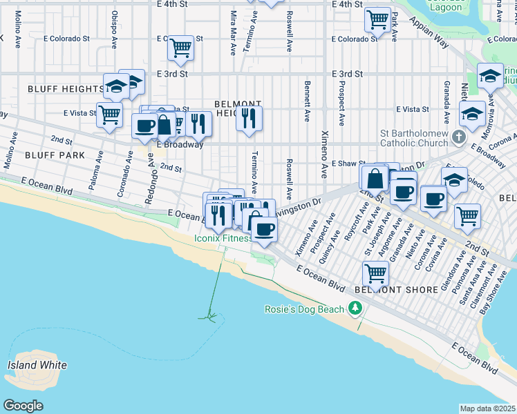 map of restaurants, bars, coffee shops, grocery stores, and more near 3950 East Ocean Boulevard in Long Beach