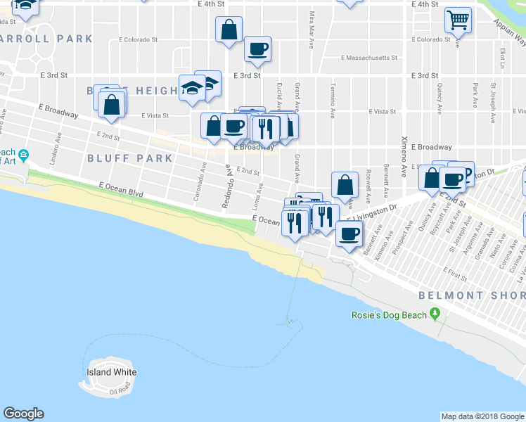 map of restaurants, bars, coffee shops, grocery stores, and more near 8 South 36th Place in Long Beach