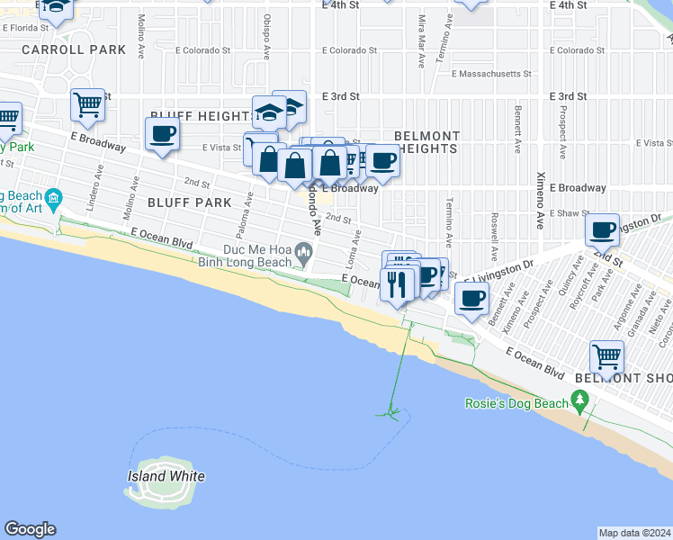 map of restaurants, bars, coffee shops, grocery stores, and more near in Long Beach