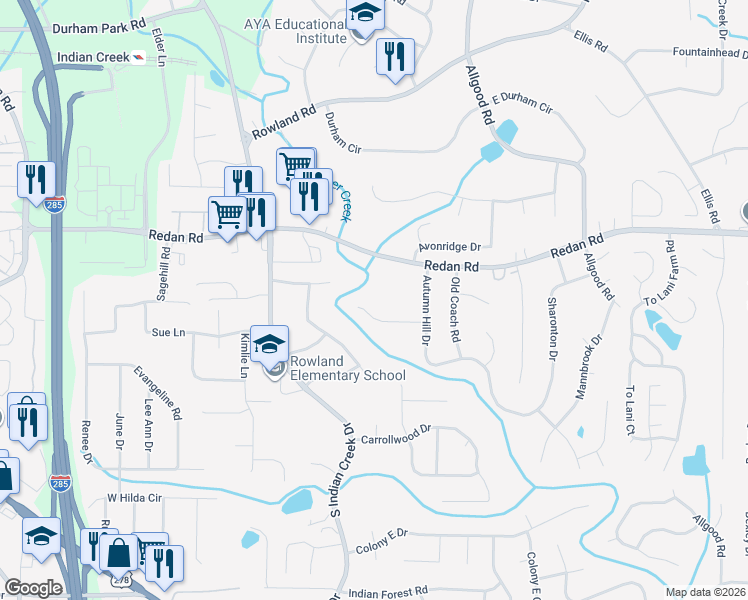 map of restaurants, bars, coffee shops, grocery stores, and more near 4215 Autumn Woods Court in Stone Mountain