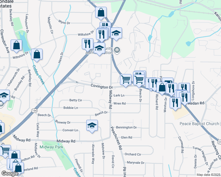 map of restaurants, bars, coffee shops, grocery stores, and more near in Belvedere Park