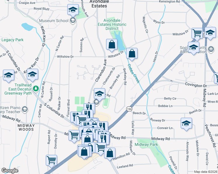 map of restaurants, bars, coffee shops, grocery stores, and more near 1159 Bromley Road in Avondale Estates