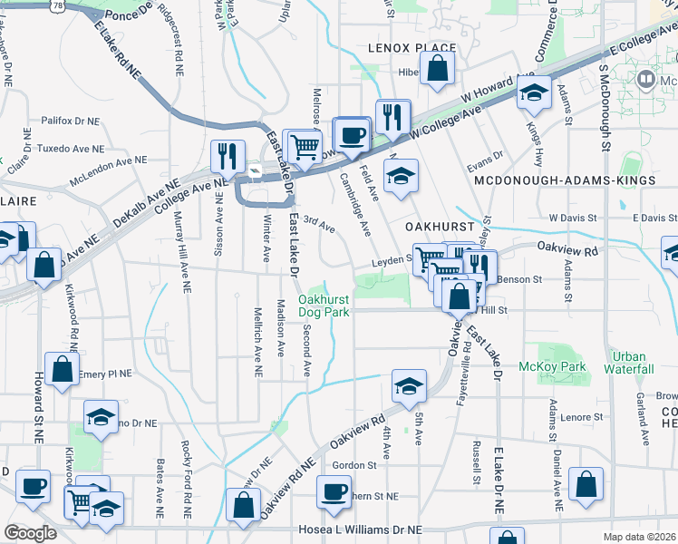 map of restaurants, bars, coffee shops, grocery stores, and more near 165 Hood Circle in Decatur