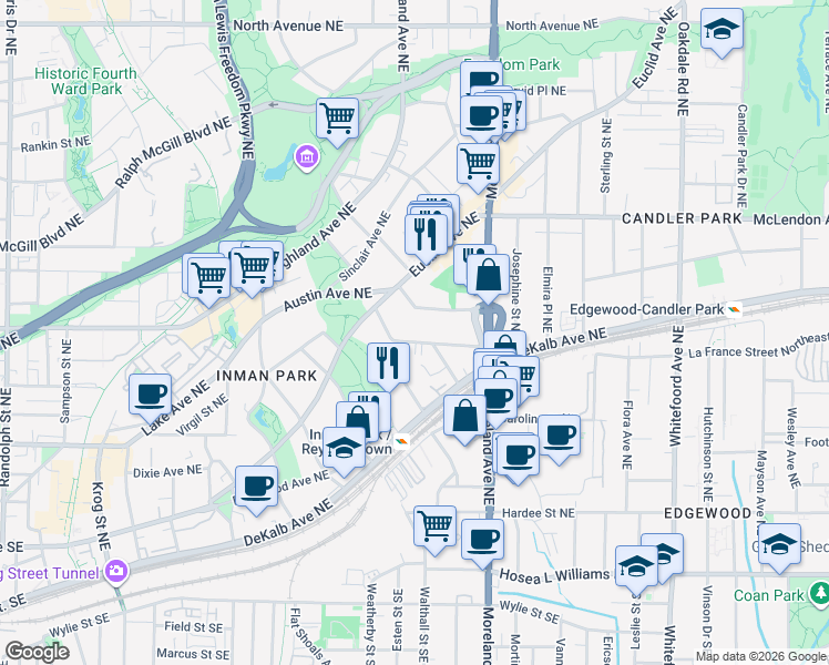 map of restaurants, bars, coffee shops, grocery stores, and more near 231 Degress Avenue Northeast in Atlanta