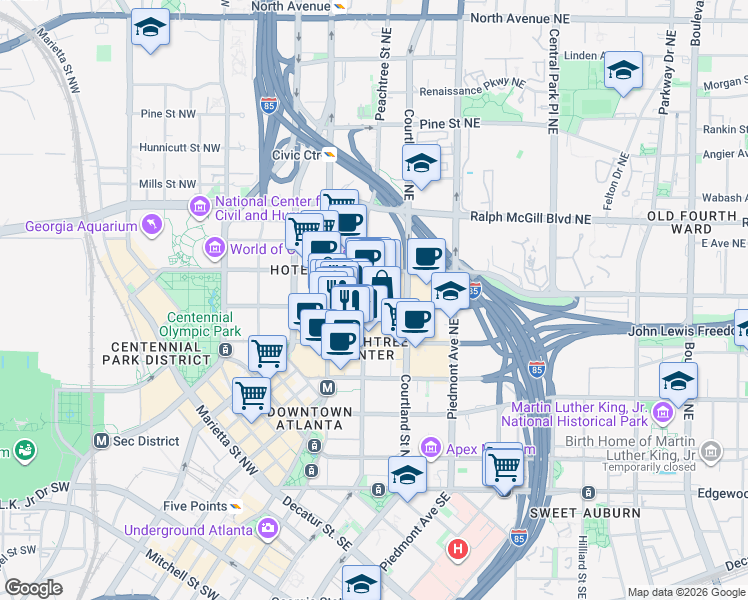 map of restaurants, bars, coffee shops, grocery stores, and more near 221 Ivy Street Northeast in Atlanta