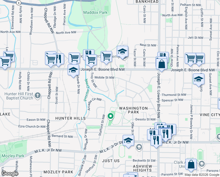 map of restaurants, bars, coffee shops, grocery stores, and more near 215 Stafford Street Northwest in Atlanta