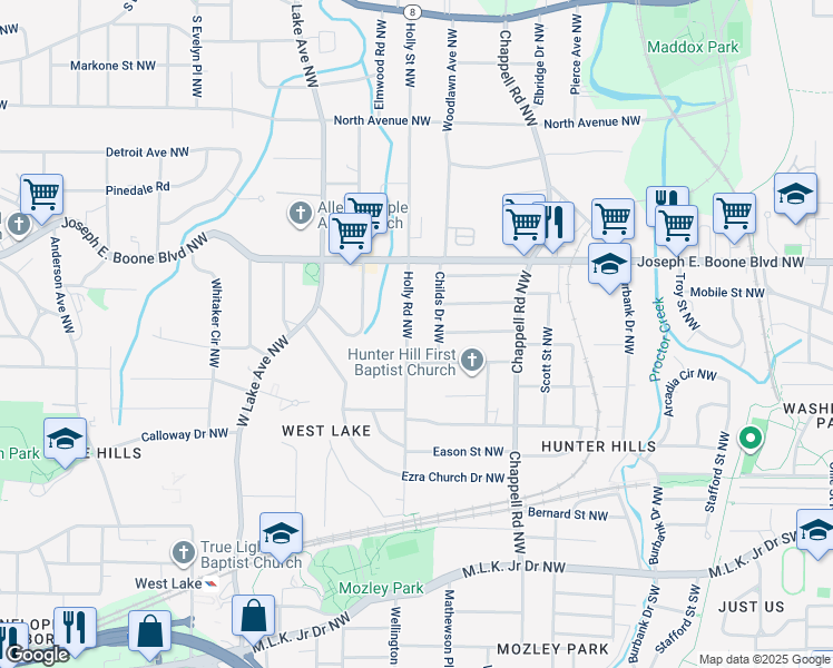map of restaurants, bars, coffee shops, grocery stores, and more near 215 Holly Road Northwest in Atlanta