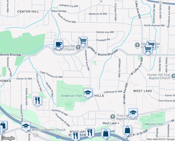 map of restaurants, bars, coffee shops, grocery stores, and more near 1961 Tiger Flowers Drive Northwest in Atlanta