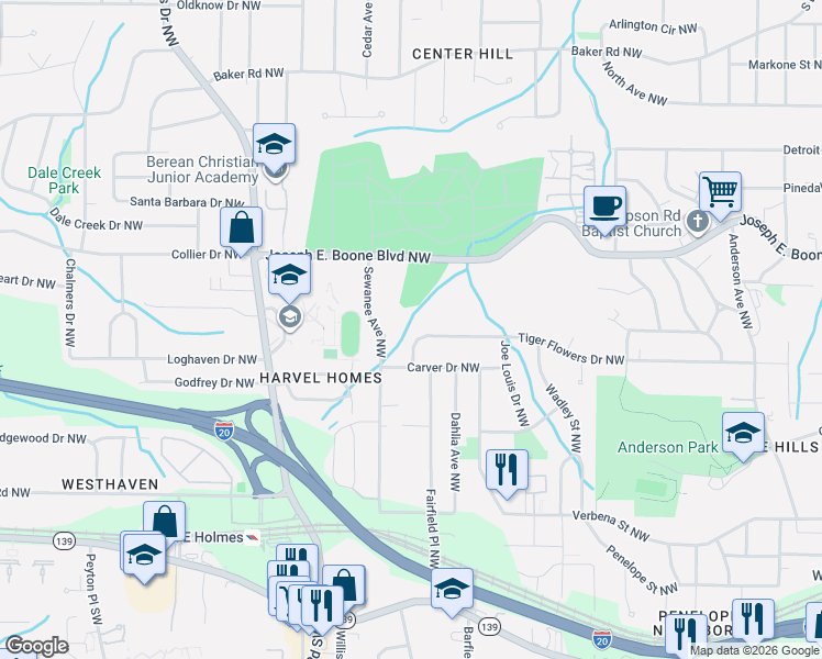 map of restaurants, bars, coffee shops, grocery stores, and more near 2328 Tiger Flowers Drive Northwest in Atlanta