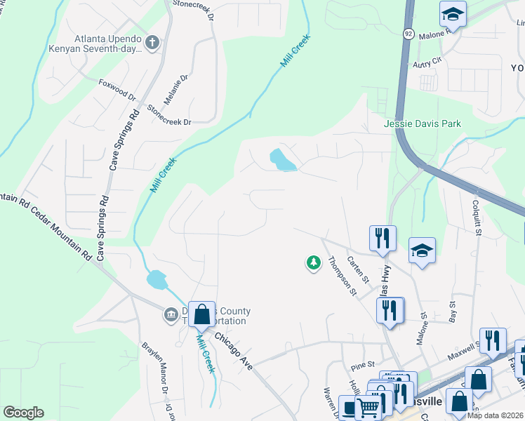 map of restaurants, bars, coffee shops, grocery stores, and more near 8120 Brookbend Drive in Douglasville