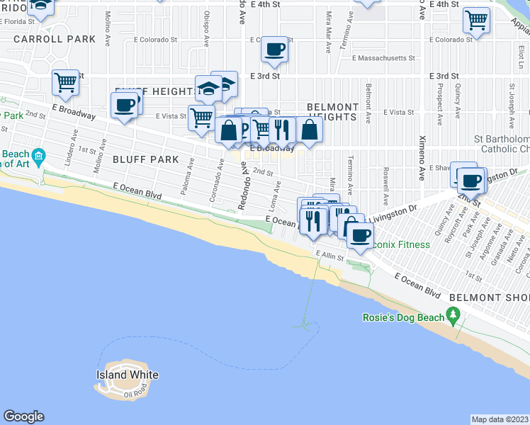 map of restaurants, bars, coffee shops, grocery stores, and more near 3527 East Ocean Boulevard in Long Beach