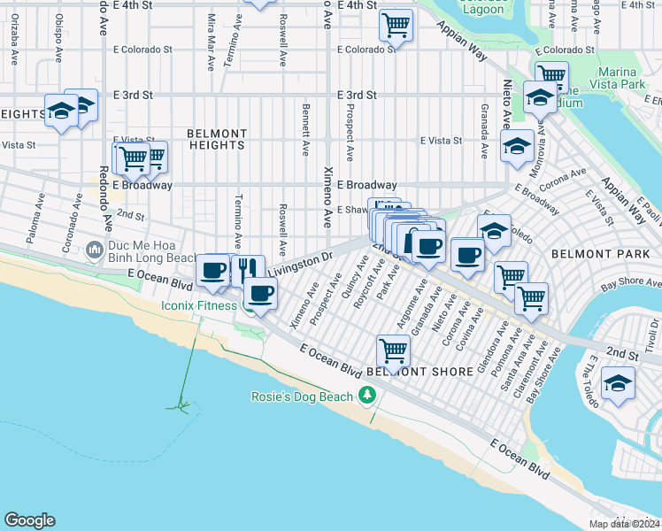 map of restaurants, bars, coffee shops, grocery stores, and more near 150 Ximeno Ave in Long Beach