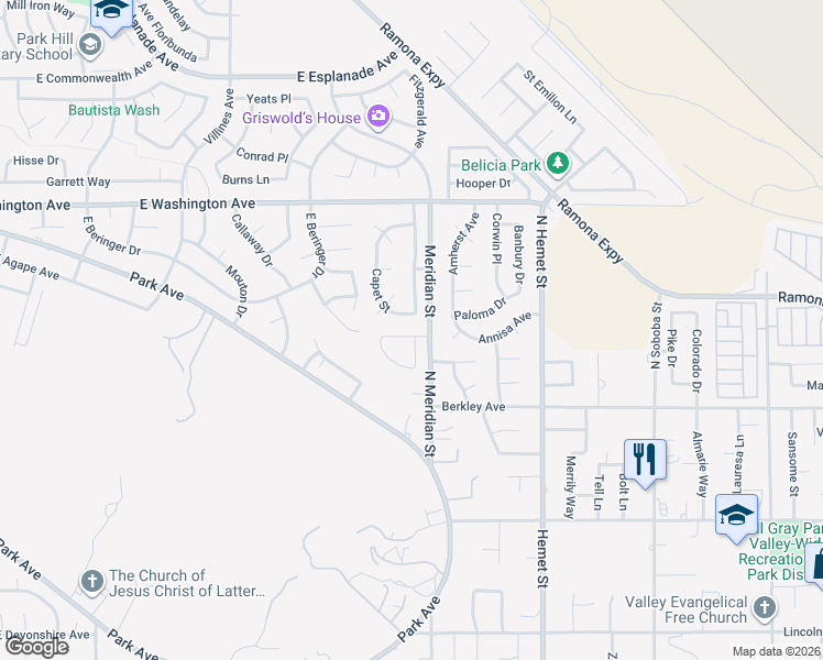 map of restaurants, bars, coffee shops, grocery stores, and more near 4050 Bordeaux Lane in Hemet