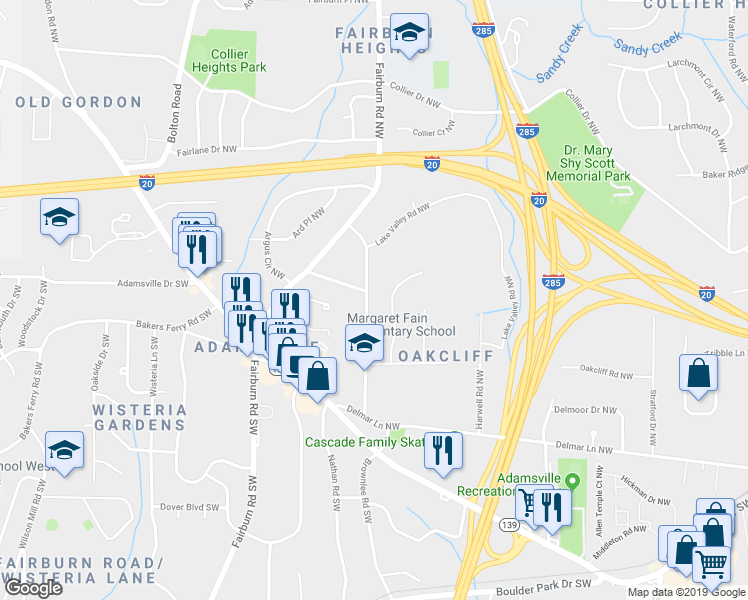 map of restaurants, bars, coffee shops, grocery stores, and more near 205 Hemphill School Road Northwest in Atlanta