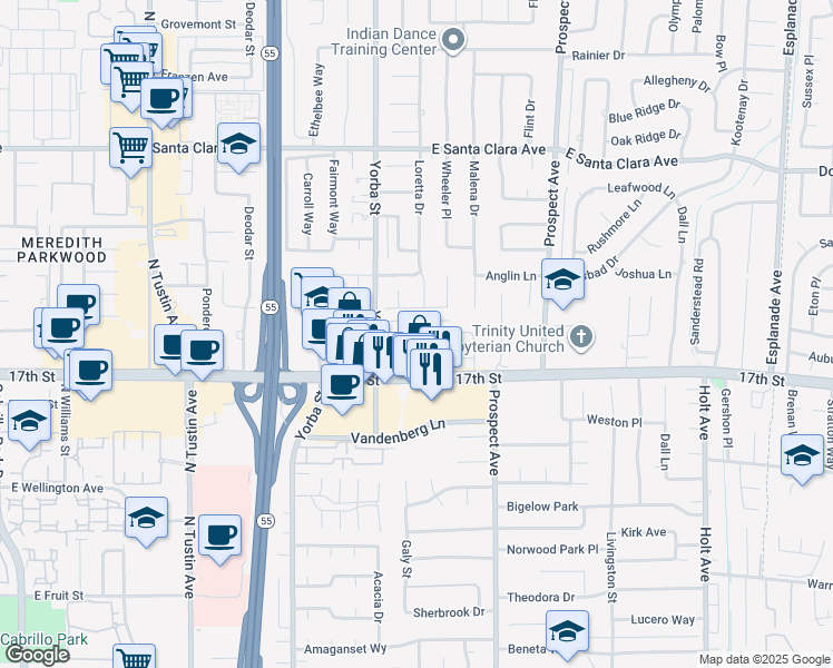 map of restaurants, bars, coffee shops, grocery stores, and more near 17621 17th Street in Tustin