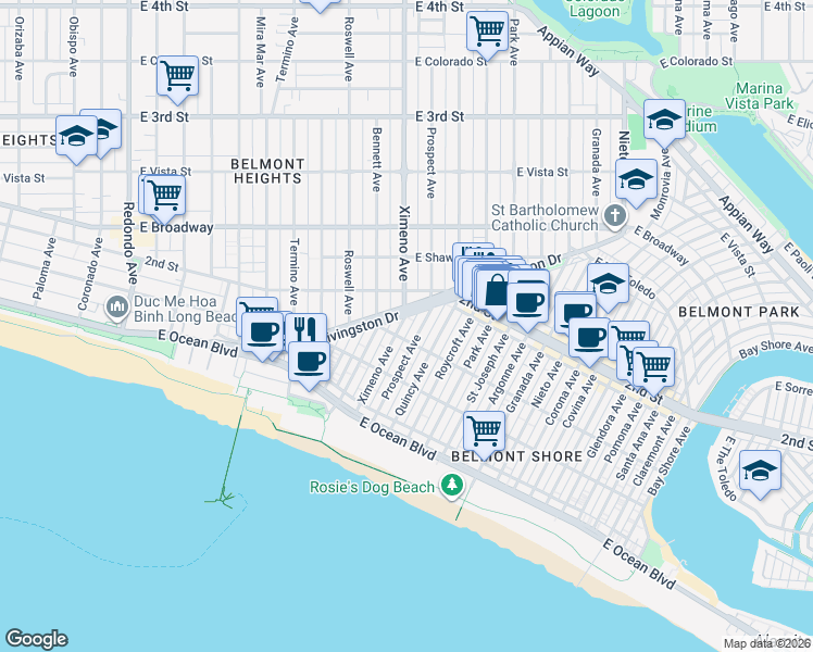 map of restaurants, bars, coffee shops, grocery stores, and more near in Long Beach