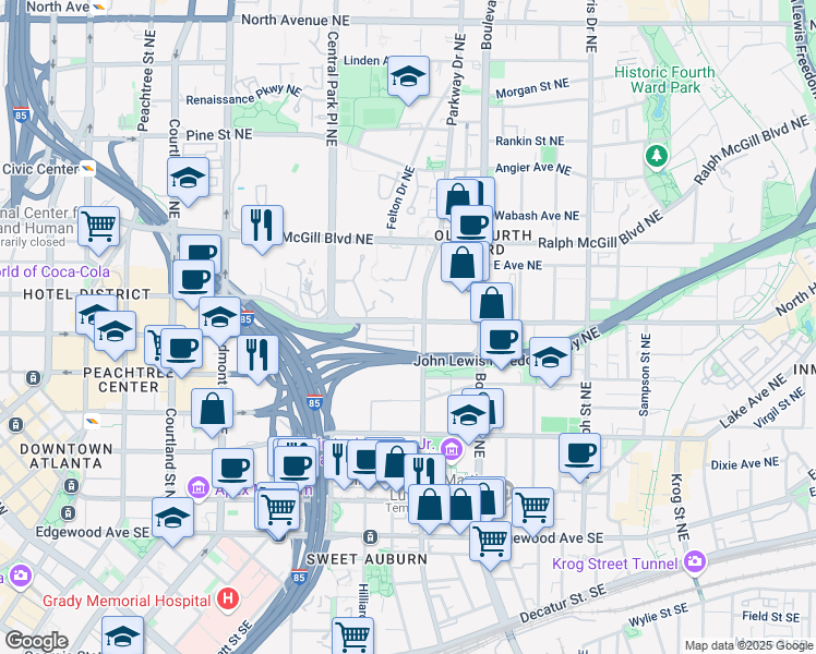 map of restaurants, bars, coffee shops, grocery stores, and more near 375 Highland Avenue Northeast in Atlanta