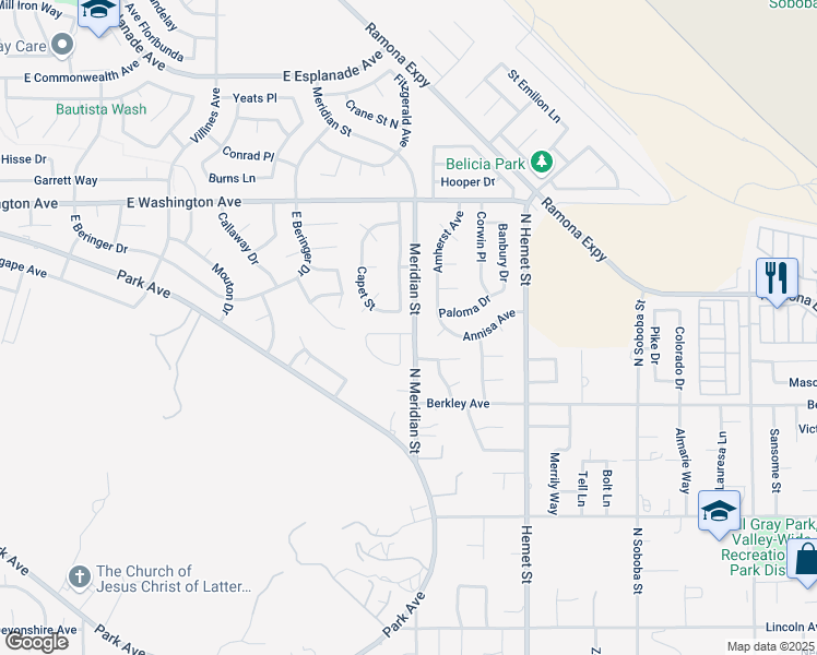 map of restaurants, bars, coffee shops, grocery stores, and more near 4098 Bordeaux Lane in Hemet