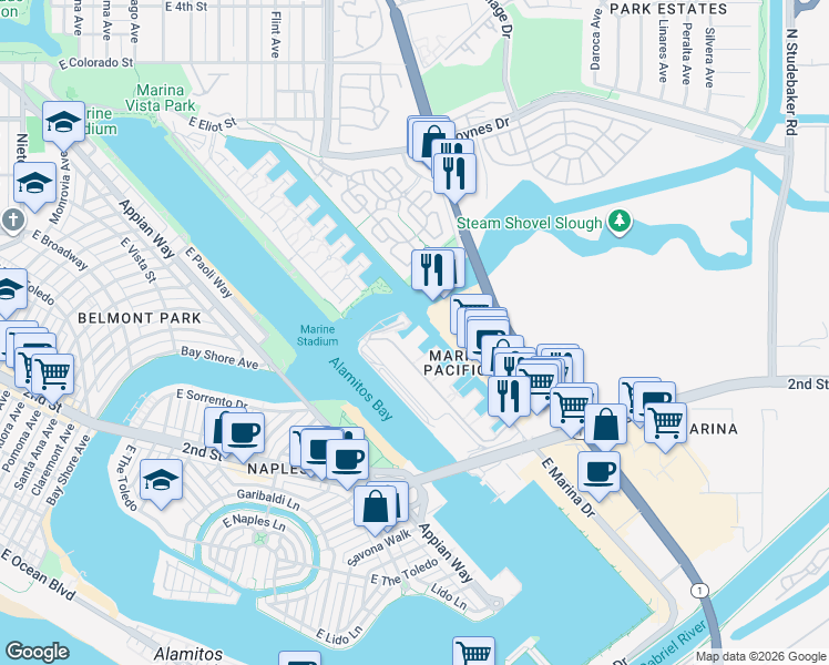 map of restaurants, bars, coffee shops, grocery stores, and more near 5327 Marina Pacifica Drive in Long Beach
