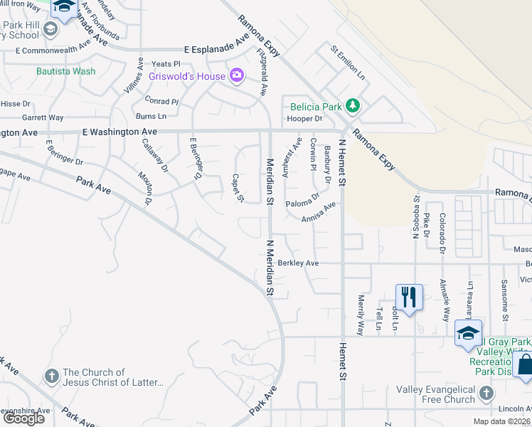 map of restaurants, bars, coffee shops, grocery stores, and more near 4098 Bordeaux Lane in Hemet