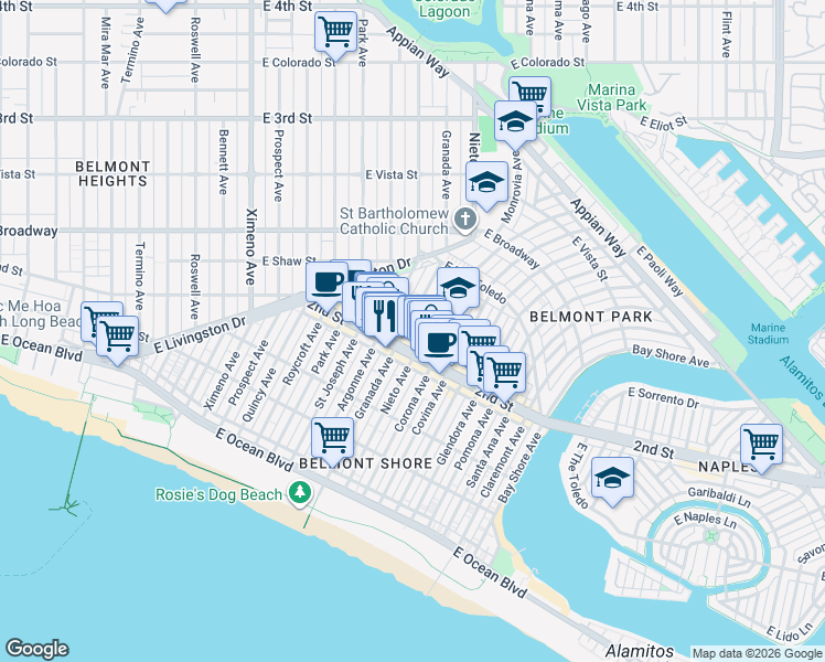 map of restaurants, bars, coffee shops, grocery stores, and more near 208 Granada Avenue in Long Beach