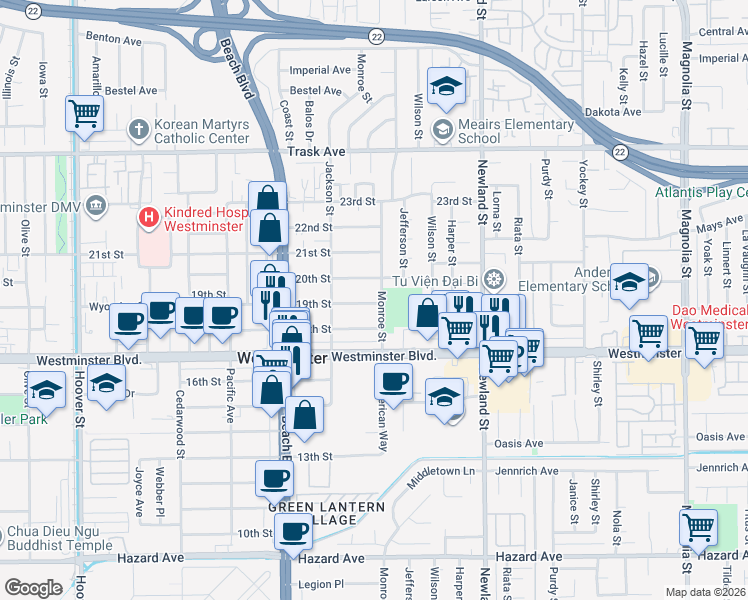 map of restaurants, bars, coffee shops, grocery stores, and more near 8221 19th Street in Westminster