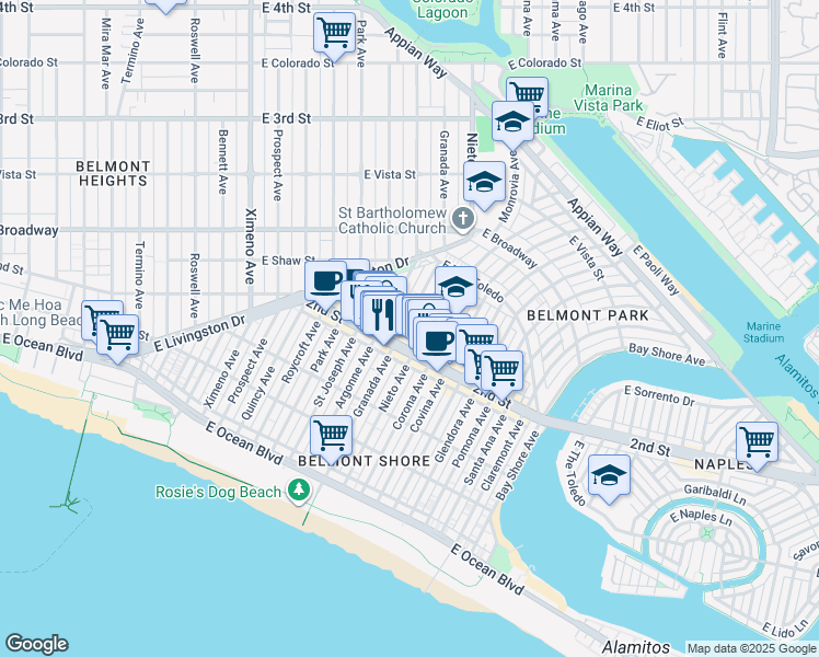 map of restaurants, bars, coffee shops, grocery stores, and more near in Long Beach