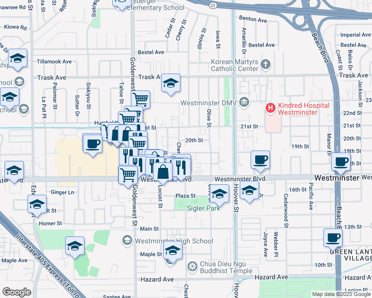map of restaurants, bars, coffee shops, grocery stores, and more near 7282 Wyoming Street in Westminster