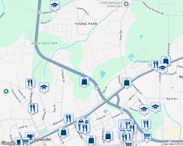 map of restaurants, bars, coffee shops, grocery stores, and more near 6356 New Gate Drive in Douglasville