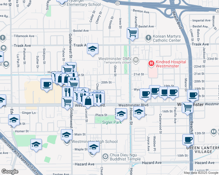 map of restaurants, bars, coffee shops, grocery stores, and more near 7301 Wyoming Street in Westminster