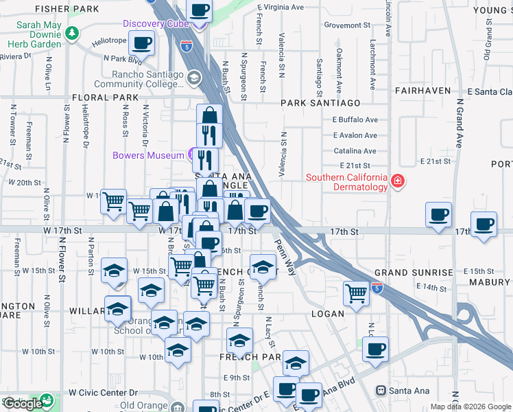 map of restaurants, bars, coffee shops, grocery stores, and more near 317 East 17th Street in Santa Ana