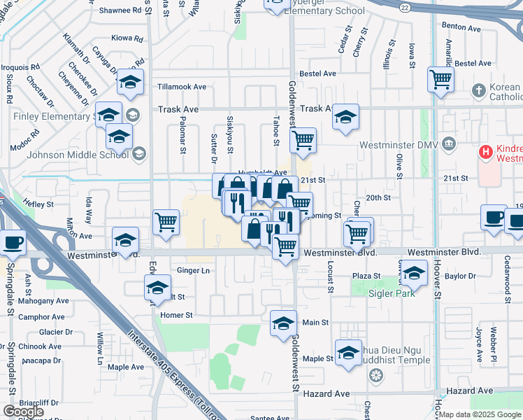 map of restaurants, bars, coffee shops, grocery stores, and more near 6755 Westminster Boulevard in Westminster