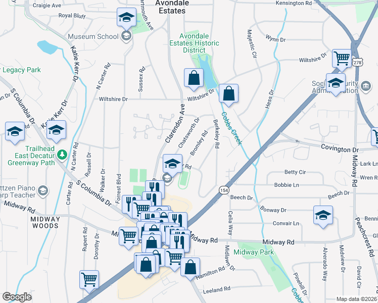 map of restaurants, bars, coffee shops, grocery stores, and more near 1159 Bromley Road in Avondale Estates