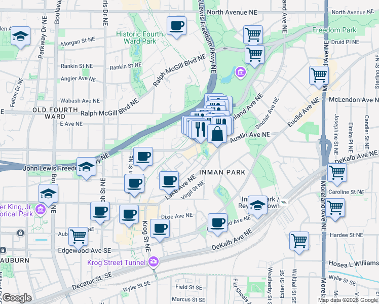 map of restaurants, bars, coffee shops, grocery stores, and more near 881 Inman Village Parkway Northeast in Atlanta