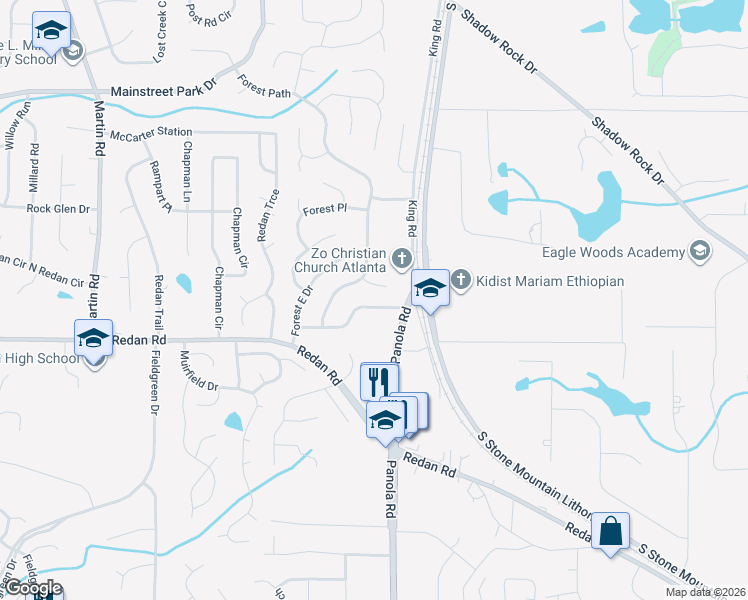 map of restaurants, bars, coffee shops, grocery stores, and more near 5443 Forest East Lane in Stone Mountain