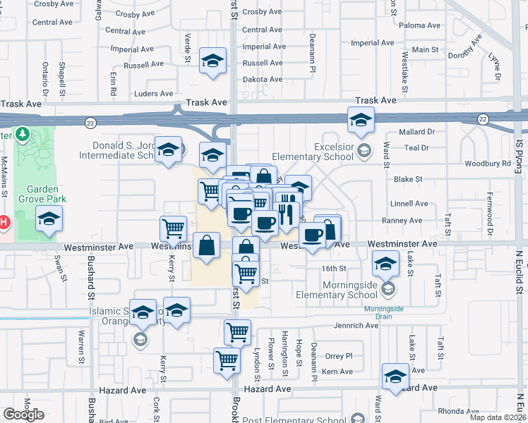 map of restaurants, bars, coffee shops, grocery stores, and more near 10131 Westminster Avenue in Garden Grove