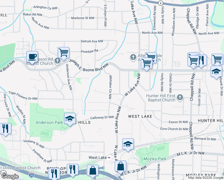 map of restaurants, bars, coffee shops, grocery stores, and more near 199 Whitaker Circle Northwest in Atlanta