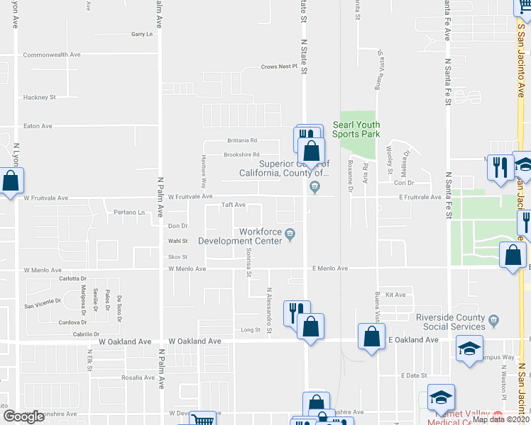 map of restaurants, bars, coffee shops, grocery stores, and more near 860 Polk Court in Hemet