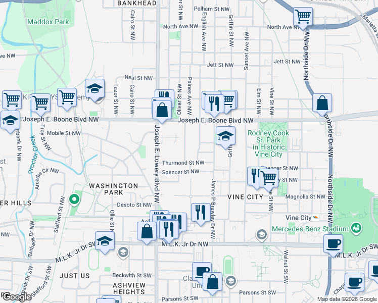 map of restaurants, bars, coffee shops, grocery stores, and more near 270 Sciple Terrace Northwest in Atlanta