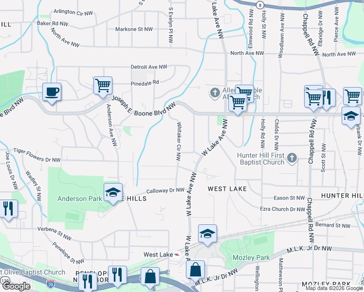 map of restaurants, bars, coffee shops, grocery stores, and more near 222 Whitaker Circle Northwest in Atlanta