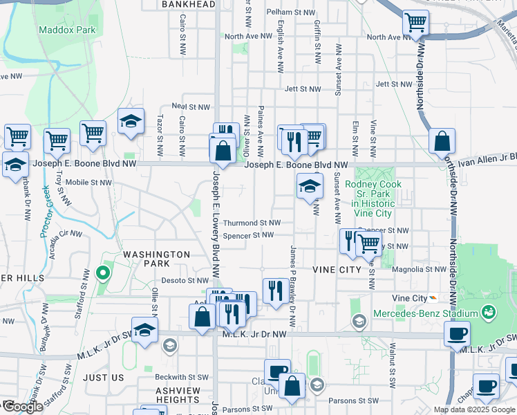 map of restaurants, bars, coffee shops, grocery stores, and more near 239 Sciple Terrace Northwest in Atlanta