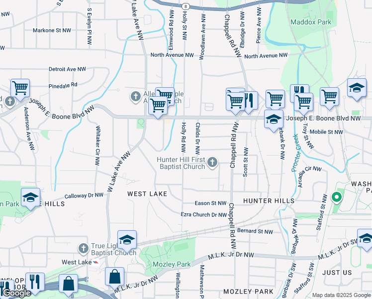map of restaurants, bars, coffee shops, grocery stores, and more near 215 Holly Road Northwest in Atlanta