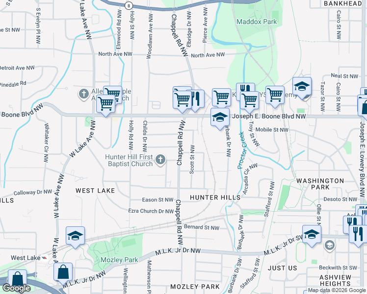 map of restaurants, bars, coffee shops, grocery stores, and more near 250 Chappell Road Northwest in Atlanta