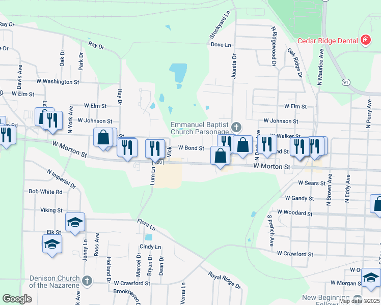 map of restaurants, bars, coffee shops, grocery stores, and more near 2119 West Bond Street in Denison
