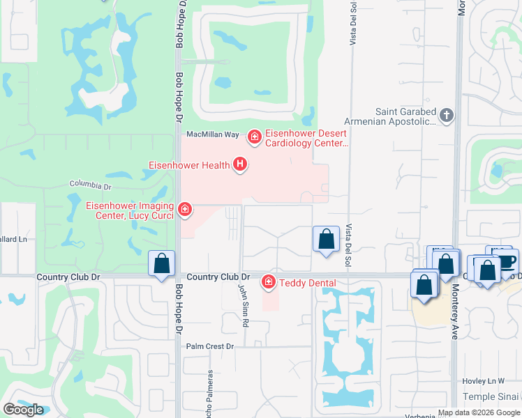 map of restaurants, bars, coffee shops, grocery stores, and more near 72325 Roxbury Drive in Rancho Mirage