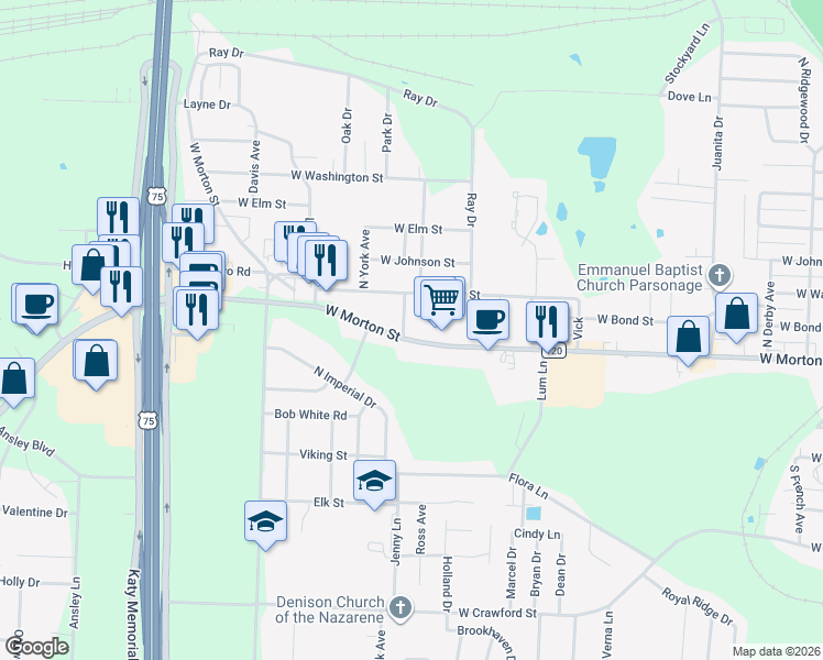 map of restaurants, bars, coffee shops, grocery stores, and more near 2606 West Walker Street in Denison