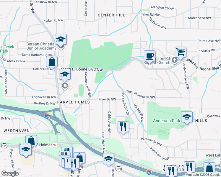 map of restaurants, bars, coffee shops, grocery stores, and more near 2275 Tiger Flowers Dr NW in Atlanta