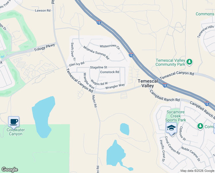map of restaurants, bars, coffee shops, grocery stores, and more near 10320 Wrangler Way in Corona