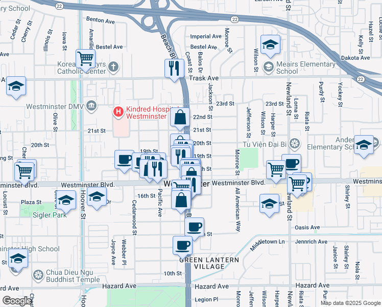 map of restaurants, bars, coffee shops, grocery stores, and more near 13749 Beach Boulevard in Westminster